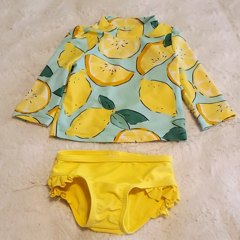 3 months yellow and green lemons 2 piece long sleeve rash guard bathing suit